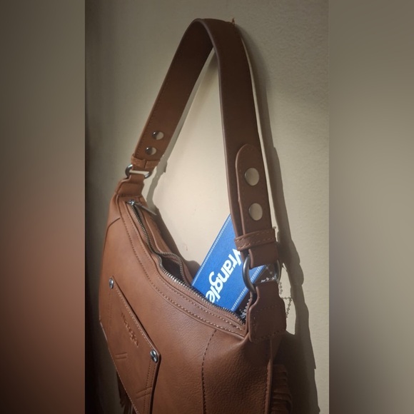 Wrangler Brown Tooled Leather Fringe Shoulder Purse - Picture 6 of 11